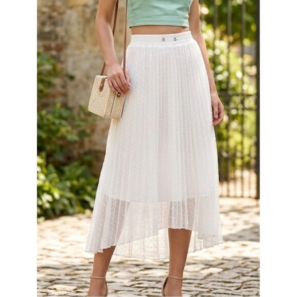 JODIFL Dresses & Skirts - JODIFL Elegant White Swiss Dot Pleated High-Low Skirt